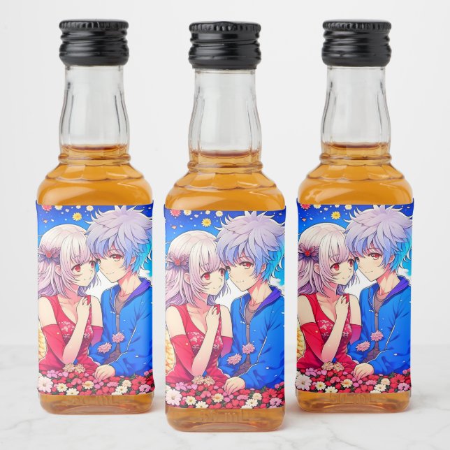Anime Couple Love Flowers and Hearts Liquor Bottle Label (Bottles)