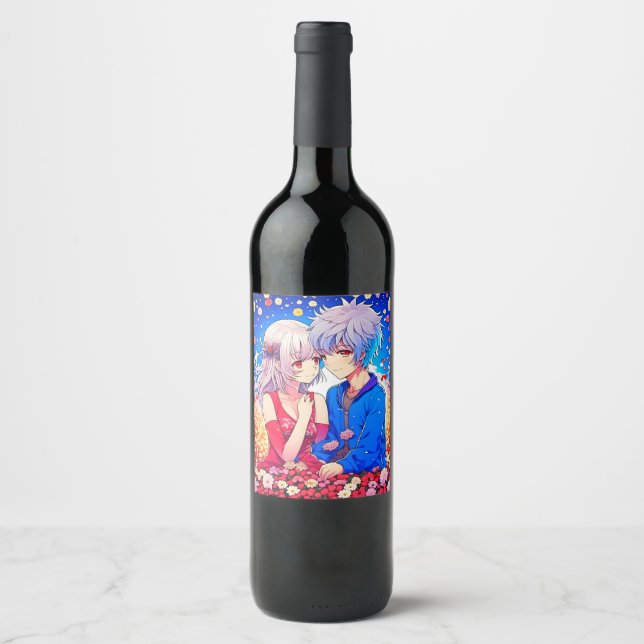 Anime Couple Love Flowers and Hearts Wine Label (Front)