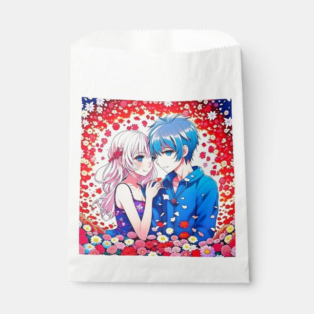 Anime Couple Red and Blue Floral Wedding Favour Bags (Front)