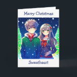 Anime Couple Romantic Christmas  Card<br><div class="desc">Christmas card with a cute anime couple with a snowy pine tree background.</div>