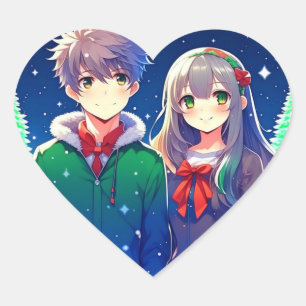 Anime Couple Romantic Christmas Heart Sticker
