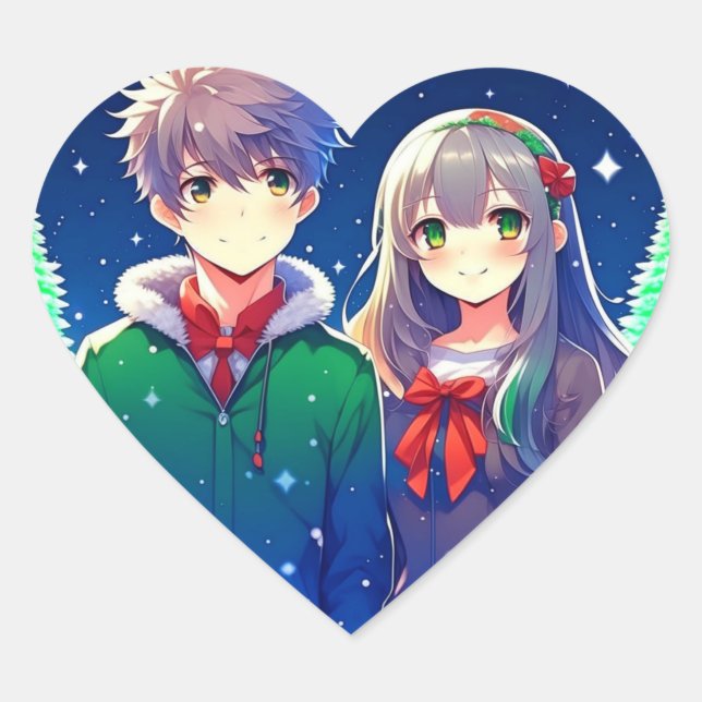 Anime Couple Romantic Christmas  Heart Sticker (Front)