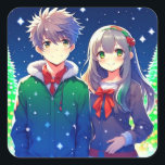 Anime Couple Romantic Christmas  Square Sticker<br><div class="desc">Christmas time with a cute anime couple with a snowy pine tree background.</div>