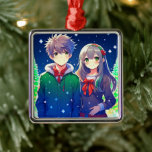 Anime Couple Romantic Personalised Christmas  Metal Tree Decoration<br><div class="desc">Christmas time with a cute anime couple with a snowy pine tree background.</div>