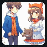 Anime Couple Romantic Personalised Christmas  Square Sticker<br><div class="desc">Christmas card with a cute anime couple with a cat background.</div>