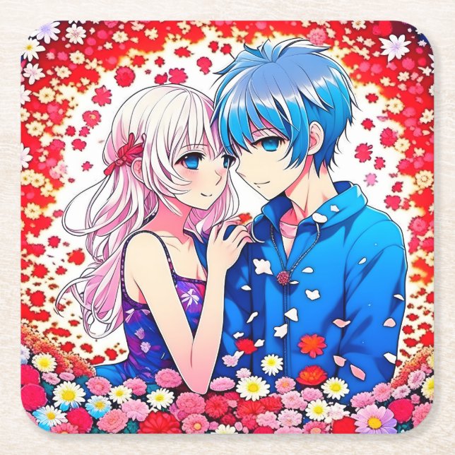 Anime Couple Unique Wedding Square Paper Coaster (Front)
