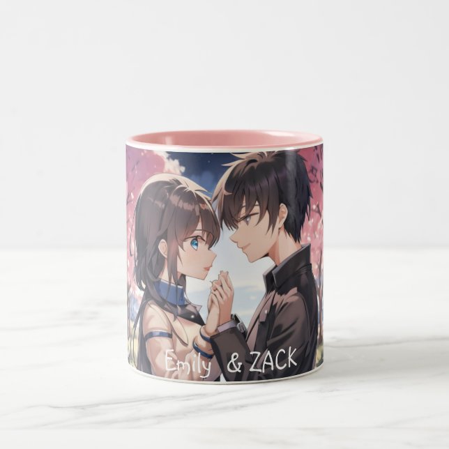 Anime Cuddles Mug: Personalised, Cute Couple  Two-Tone Coffee Mug (Center)