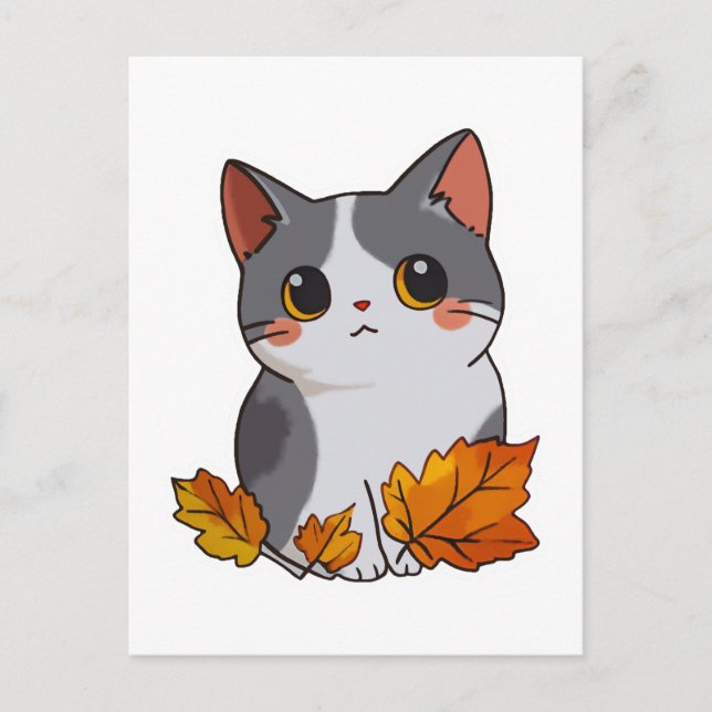 Anime cute cat fall leaves postcard (Front)