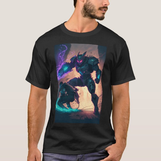 Anime Cyberpunk Super Hero Fighting Giant Robot T-Shirt (Front)