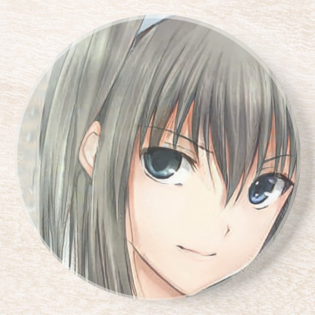 Anime dark-haired girl grey eyes coaster (Front)