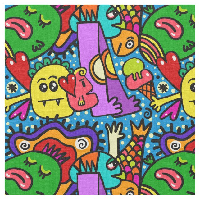 Anime design doodles faces smiles fabric (Close Up)