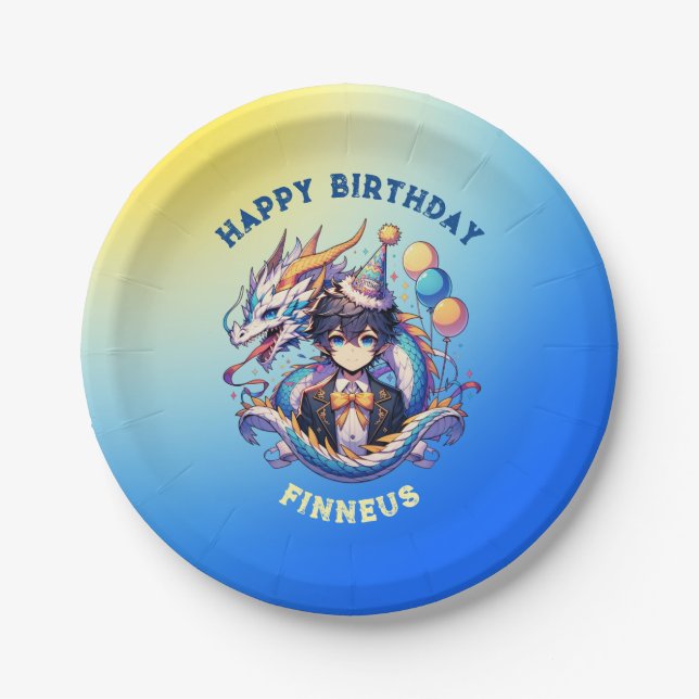 Anime Dragon Personalised Boy's Birthday  Paper Plate (Front)