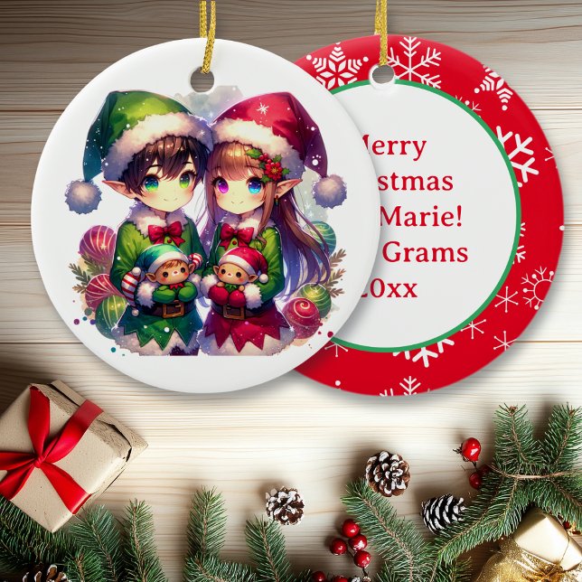 Anime Elves and Snowflakes Personalised Christmas  Ceramic Tree Decoration (Creator Uploaded)