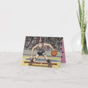 anime female dribbing basketball with birthday hat card