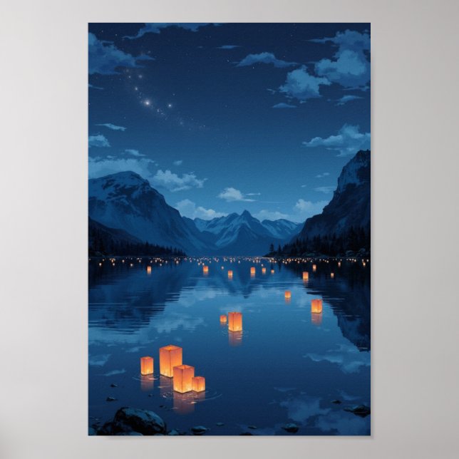 Anime Floating Lantern Lake Wall Art (Front)