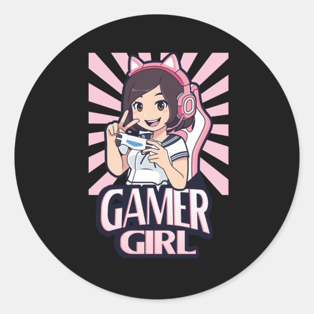 Anime Gamer Girl Gaming Girls Gift Classic Round Sticker (Front)