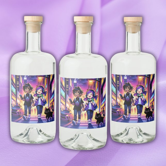 Anime Gaming Couple with their Cat | Liquor Bottle Label (Creator Uploaded)