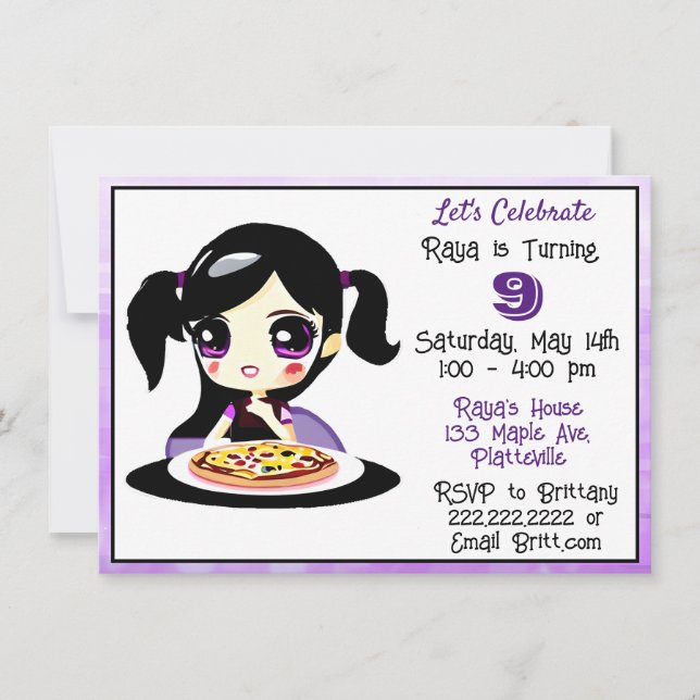 Anime Gaming Girl Birthday Pizza Party Invitation (Front)