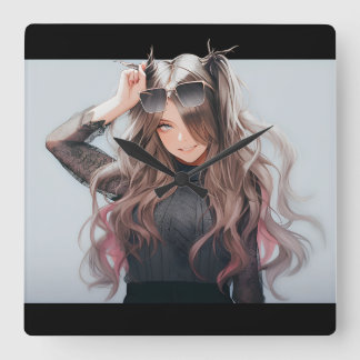 Anime girl #4 square wall clock
