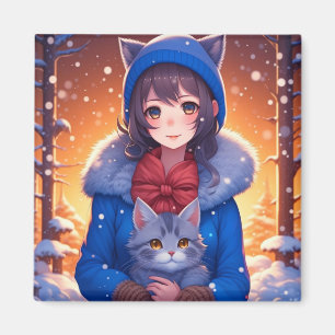 Anime Girl and a Kitten Winter Christmas Magnet