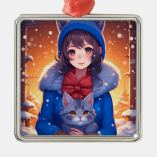 Anime Girl and a Kitten Winter Christmas Metal Tree Decoration