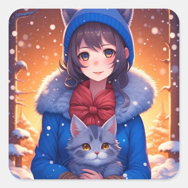 Anime Girl and a Kitten Winter Christmas Square Sticker (Front)