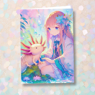 Anime Girl and an Axolotl Personalised Birthday Card
