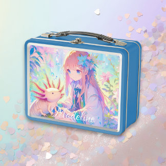 Anime Girl and Axolotl Personalised Metal Lunch Box