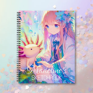Anime Girl and Axolotl Personalised Sketchbook Notebook