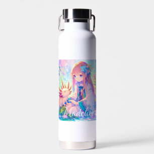 Anime Girl and Axolotl Personalised Water Bottle