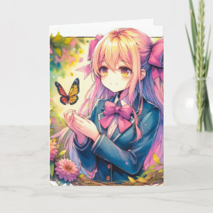 Anime Girl and Butterfly Birthday Colour Page Card