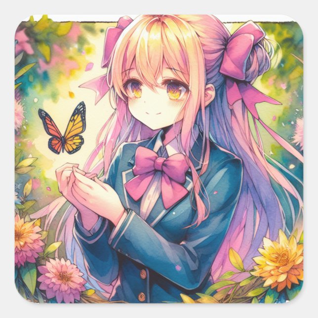 Anime Girl and Butterfly Watercolor Ai Art Square Sticker (Front)