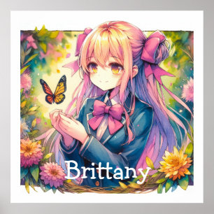 Anime Girl and Butterfly Watercolor Personalised Poster