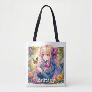 Anime Girl and Butterfly Watercolor Personalised Tote Bag