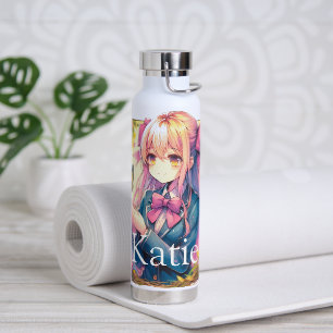Anime Girl and Butterfly Watercolor Personalised Water Bottle