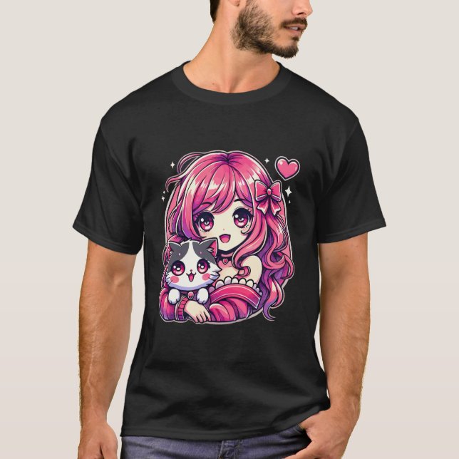 Anime Girl and Cat Kawaii Manga Girl T-Shirt (Front)