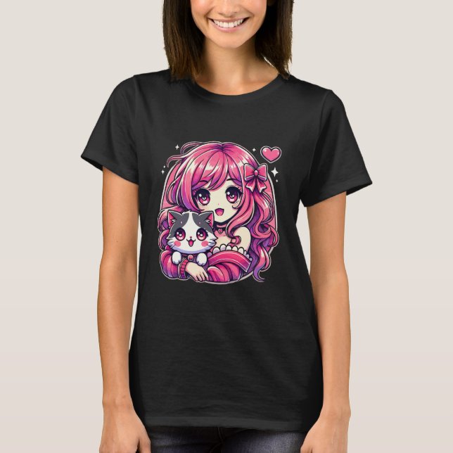 Anime Girl and Cat Kawaii Manga Girl T-Shirt (Front)
