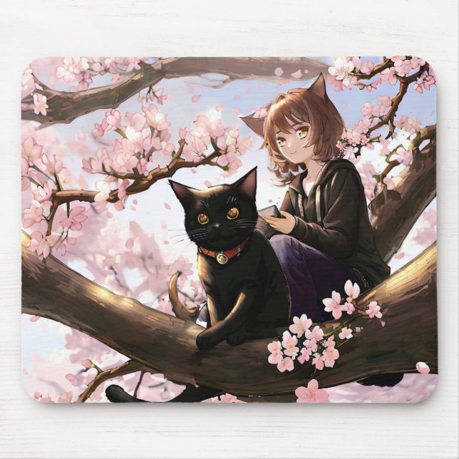 Anime Girl and Cat On A Cherry Blossom Tree Mouse Mat (Front)