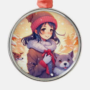 Anime Girl and Dogs with Christmas Background Metal Tree Decoration