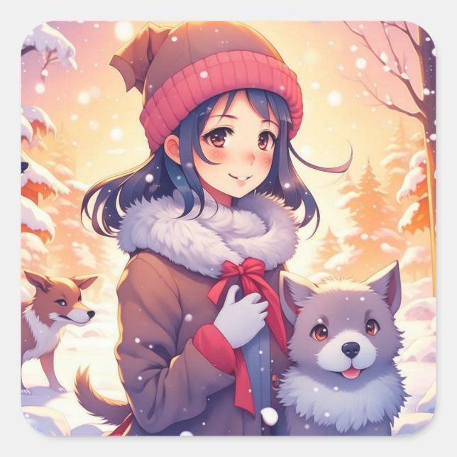 Anime Girl and Dogs with Christmas Background Square Sticker (Front)