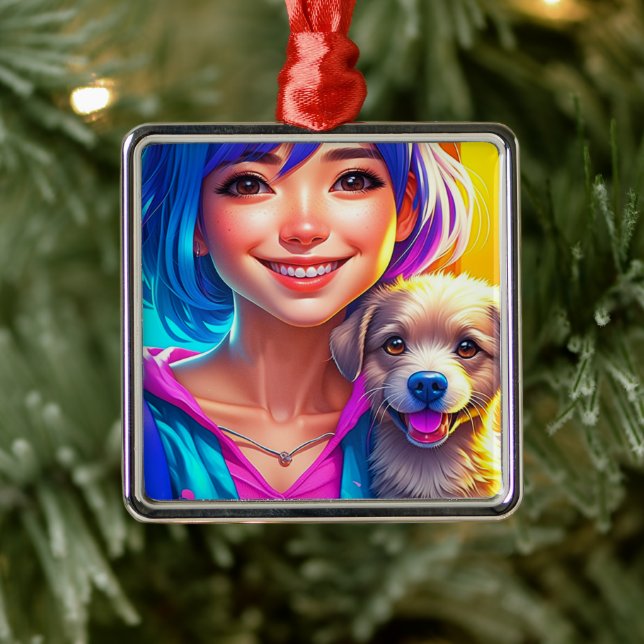 Anime Girl and Puppy Dog   Metal Tree Decoration (Tree)