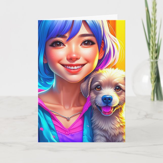 Anime Girl and Puppy Dog Personalised Birthday   Card (Front)