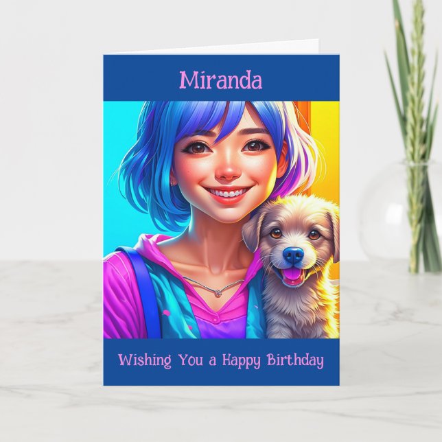Anime Girl and Puppy Dog Personalised Birthday   Card (Front)