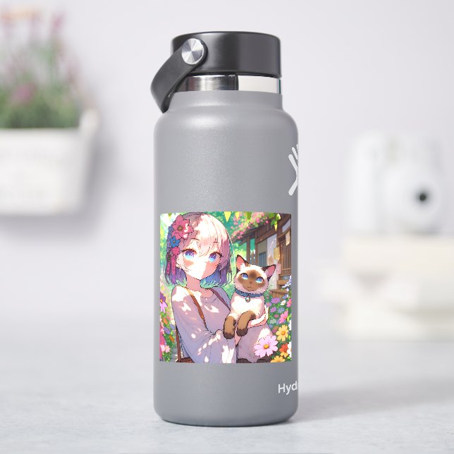 Anime Girl and Siamese Cat  (HydroFlask)