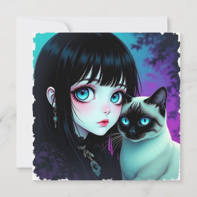  Anime Girl and Siamese Cat Blank (Front)