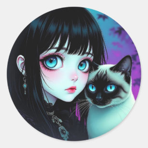 Anime Girl and Siamese Cat Classic Round Sticker
