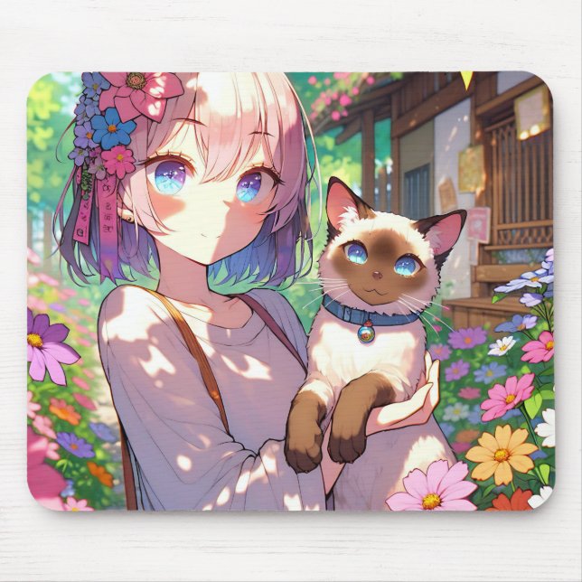Anime Girl and Siamese Cat  Mouse Mat (Front)