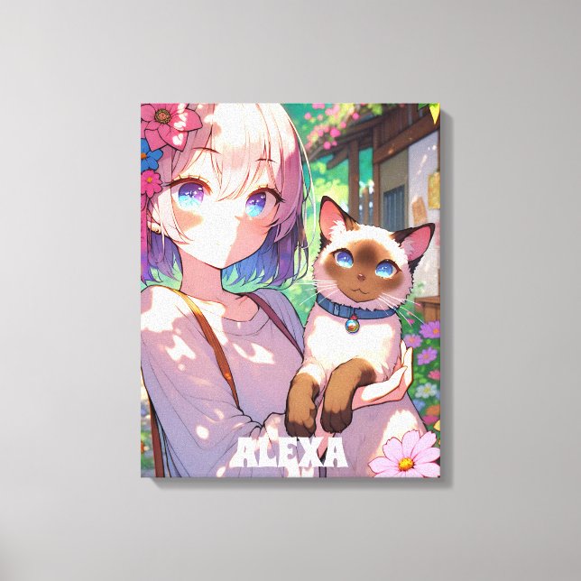 Anime Girl and Siamese Cat Personalised Canvas Print (Front)