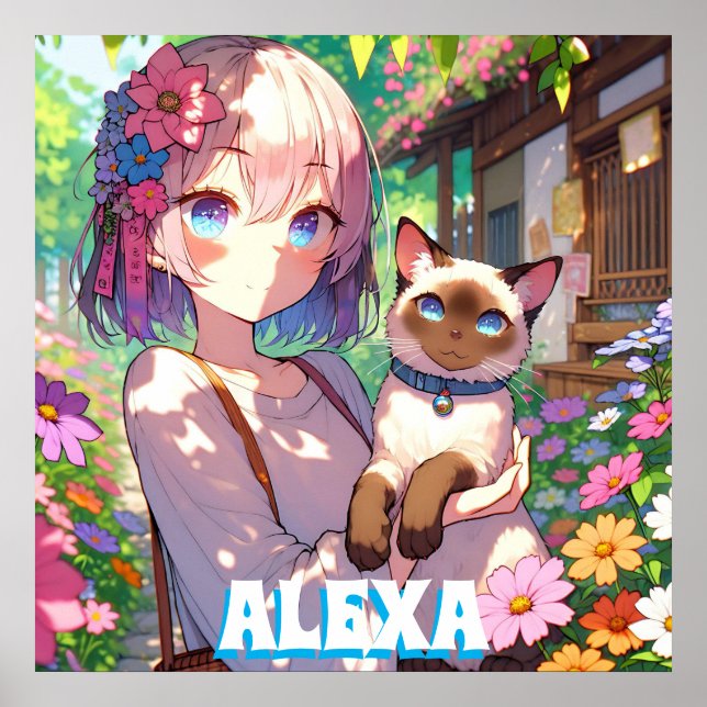 Anime Girl and Siamese Cat Personalised Poster (Front)