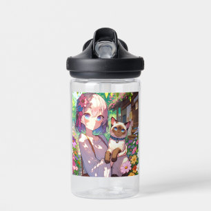 Anime Girl and Siamese Cat Personalised Water Bottle